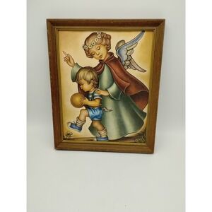 Vintage Wood Framed Picture Guardian Angel And Boy 9" X 11"